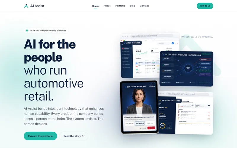AI Assist homepage: AI for the people who run automotive retail, with product interface cards