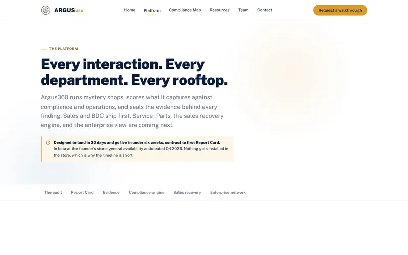 Argus360 platform page: Every interaction. Every department. Every rooftop.