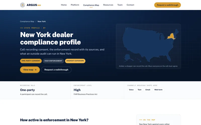 Argus360 New York dealer compliance profile with consent type and enforcement level