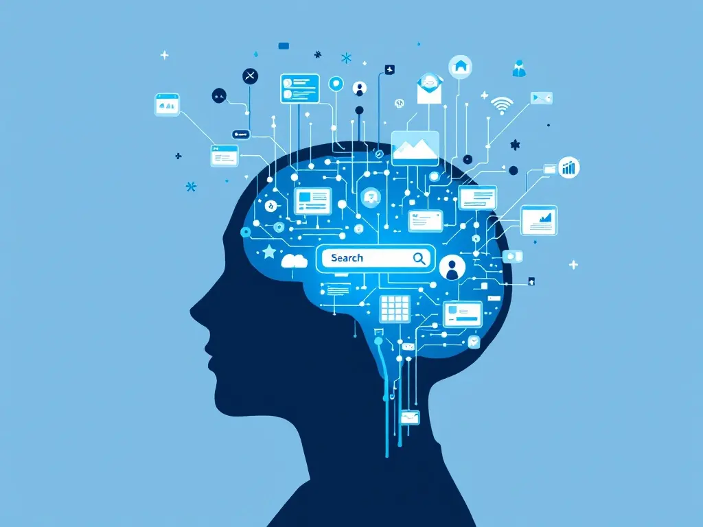 Illustration of a head in profile filled with circuitry and a search bar