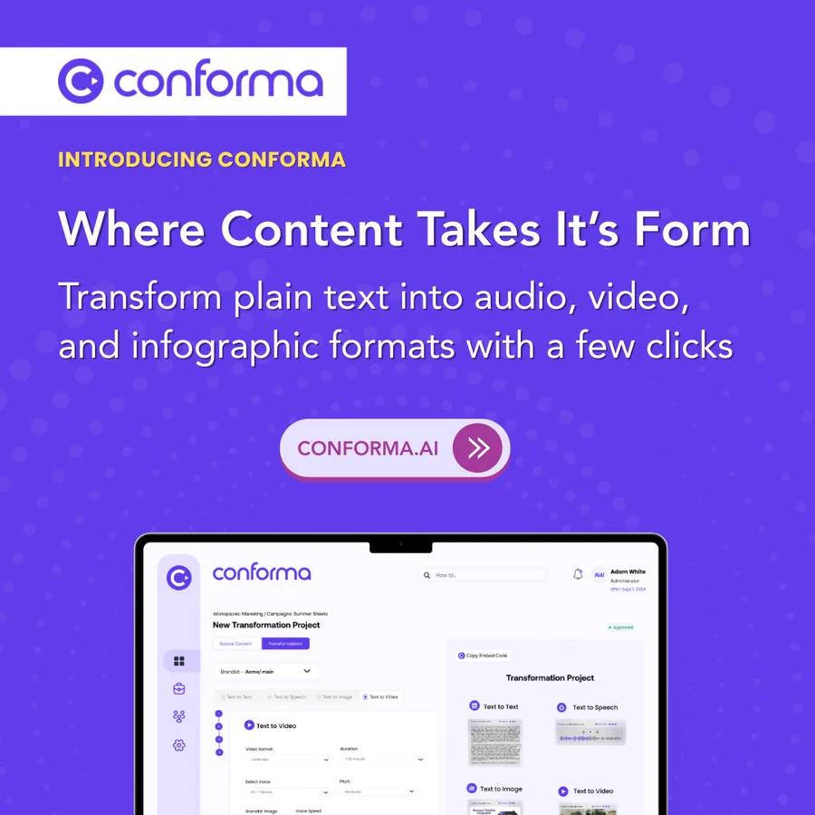 Conforma social ad: Introducing Conforma, where content takes its form, with the product on a laptop