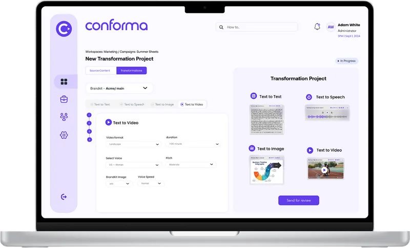 Conforma launch visual: the Transformation Project screen on a laptop, turning one text into speech, image and video