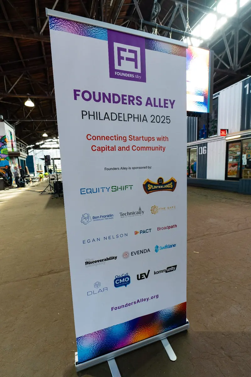 Founders Alley Philadelphia 2025 roll-up banner with sponsor logos