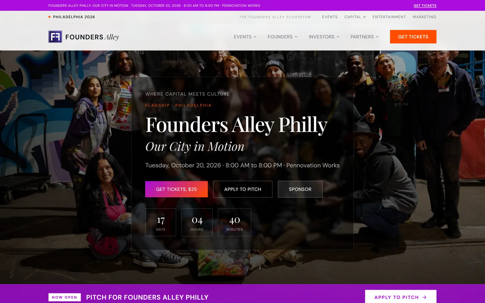 Founders Alley homepage for Founders Alley Philly, Our City in Motion, October 20, 2026