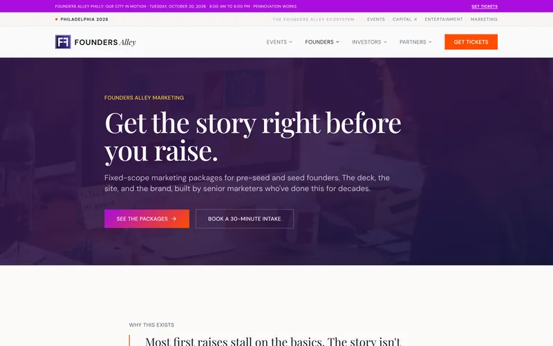 Founders Alley Marketing page: Get the story right before you raise