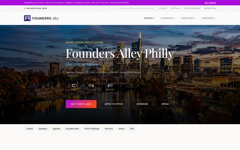 Founders Alley Philly event page over a Philadelphia skyline at dusk