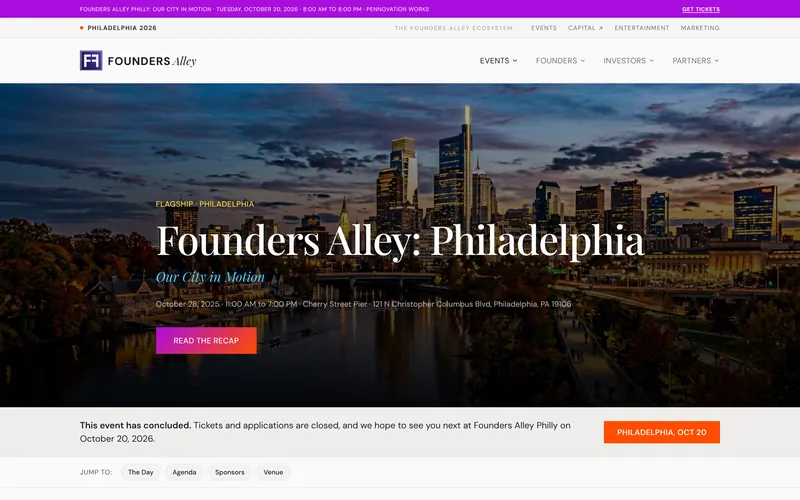 Founders Alley Philadelphia 2025 recap page at Cherry Street Pier