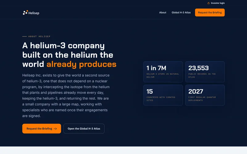 Helisep About page: A helium-3 company built on the helium the world already produces, with key figures