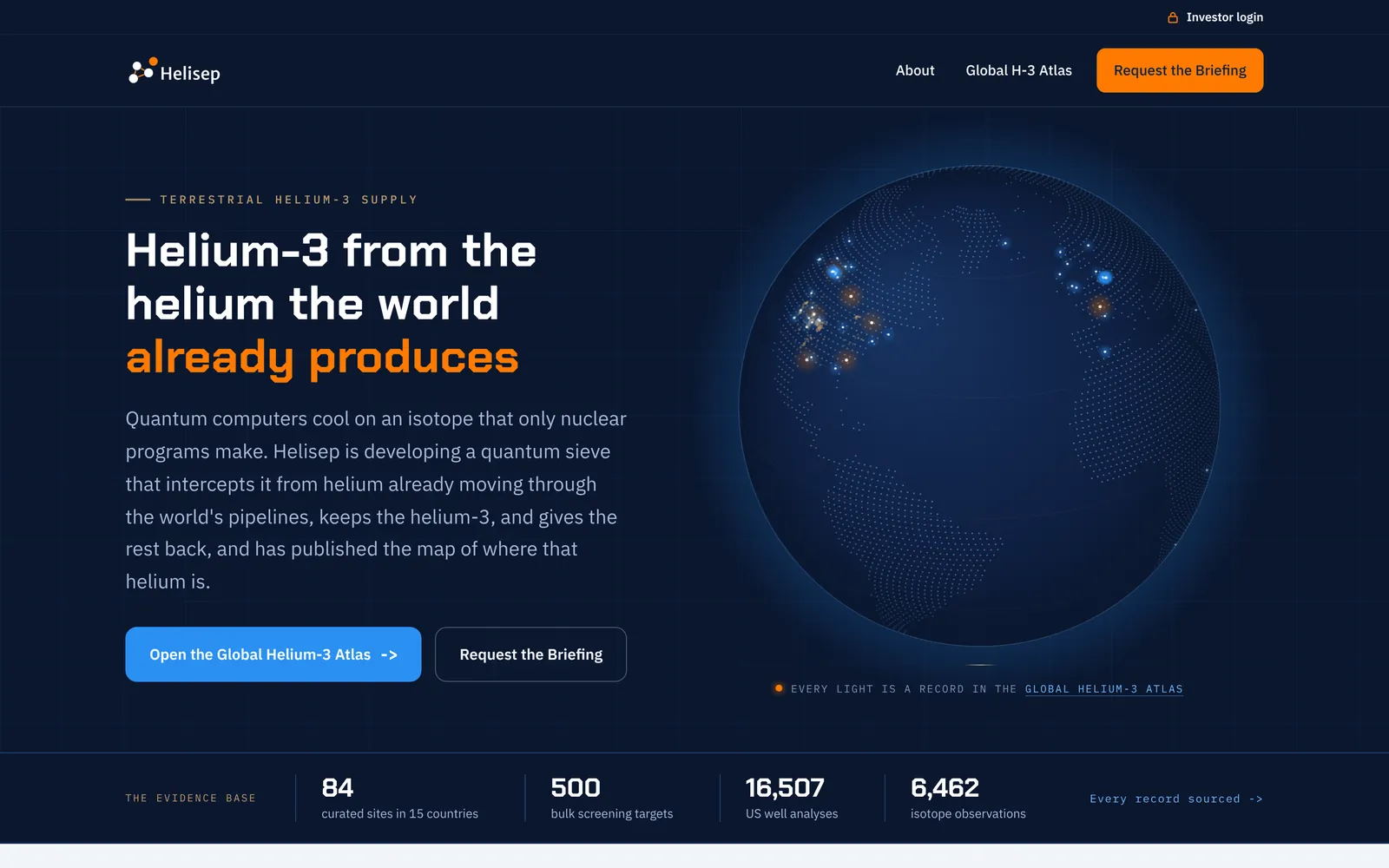 Helisep homepage: Helium-3 from the helium the world already produces, with a glowing globe