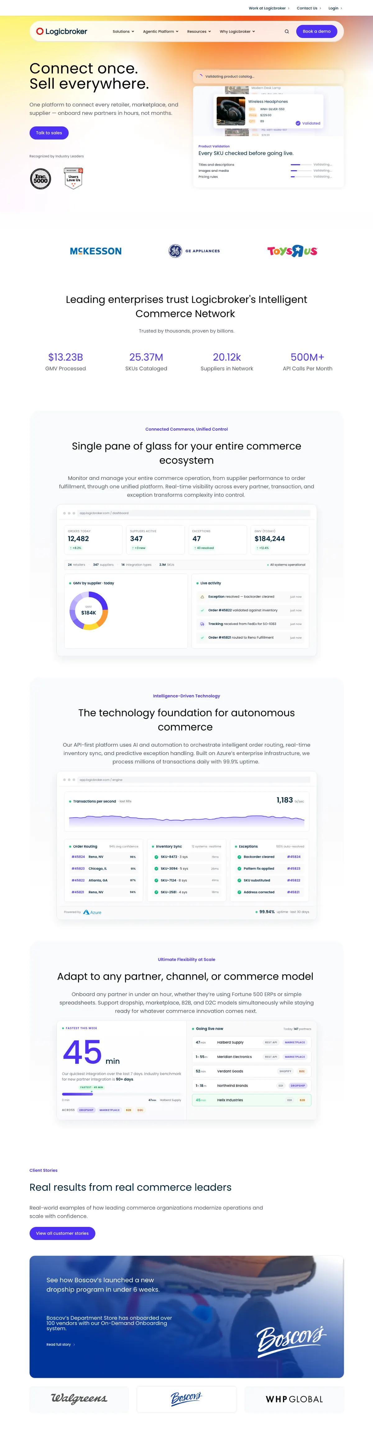 Capture of the Logicbroker homepage, from the hero through its customer stories