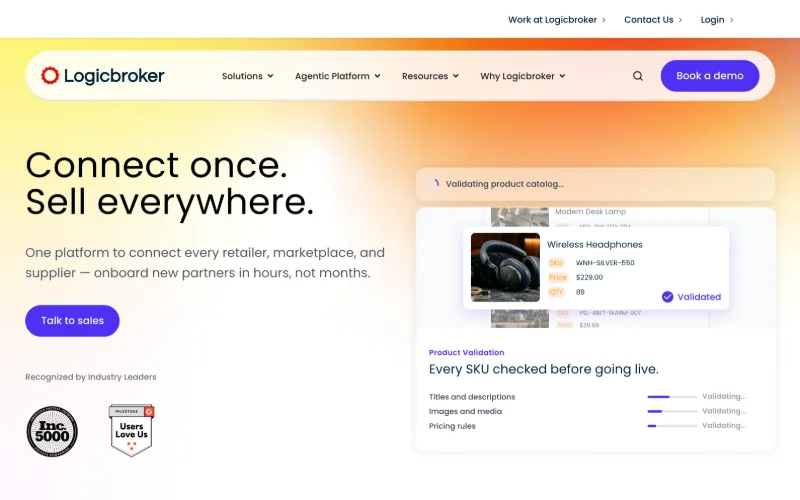 Logicbroker homepage with the headline Connect once. Sell everywhere. and a product validation card checking a catalog item