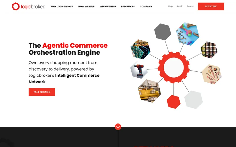 Logicbroker homepage in September 2025, headlined The Agentic Commerce Orchestration Engine