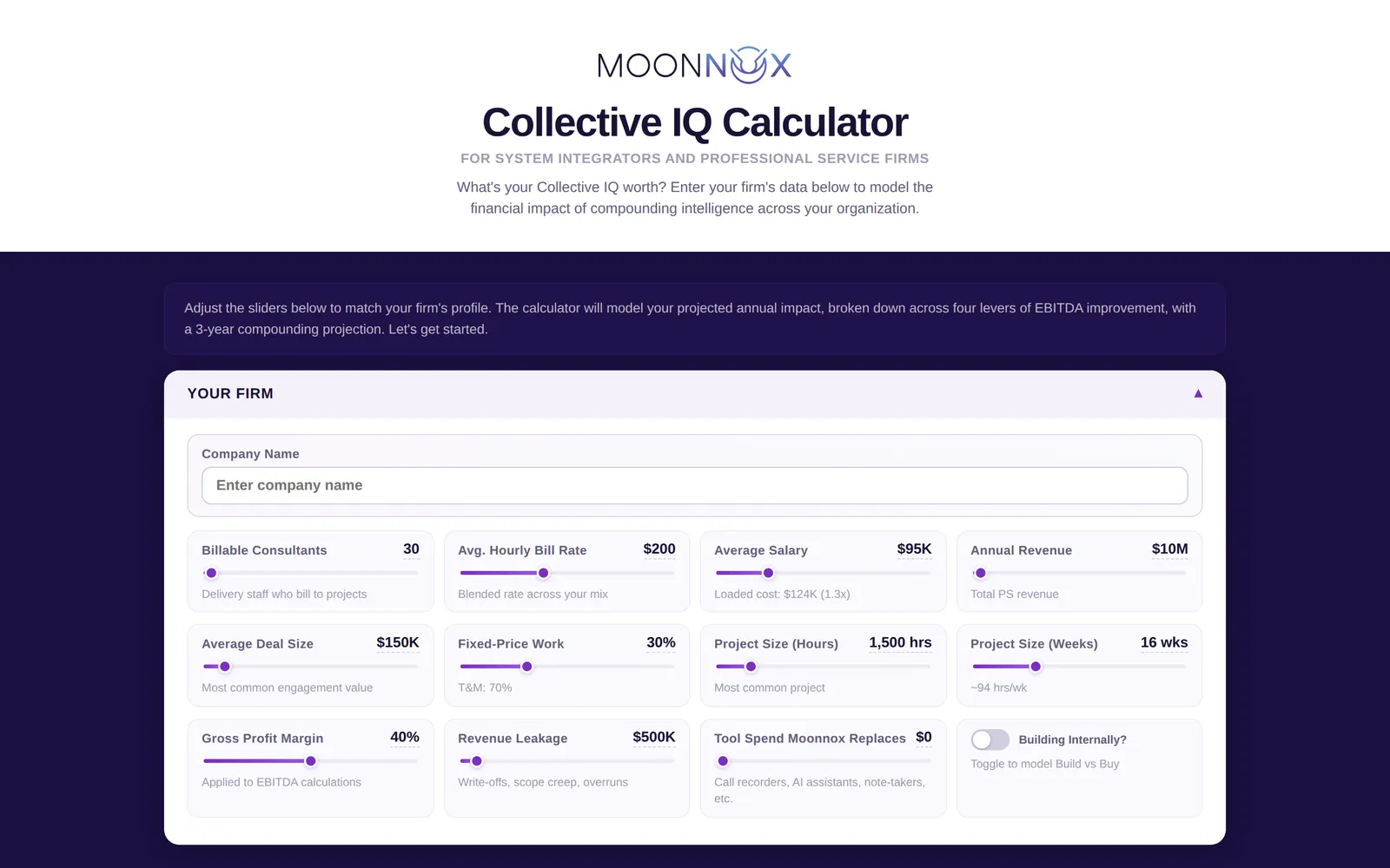 Moonnox Collective IQ Calculator input screen with sliders for firm size, rates and utilization