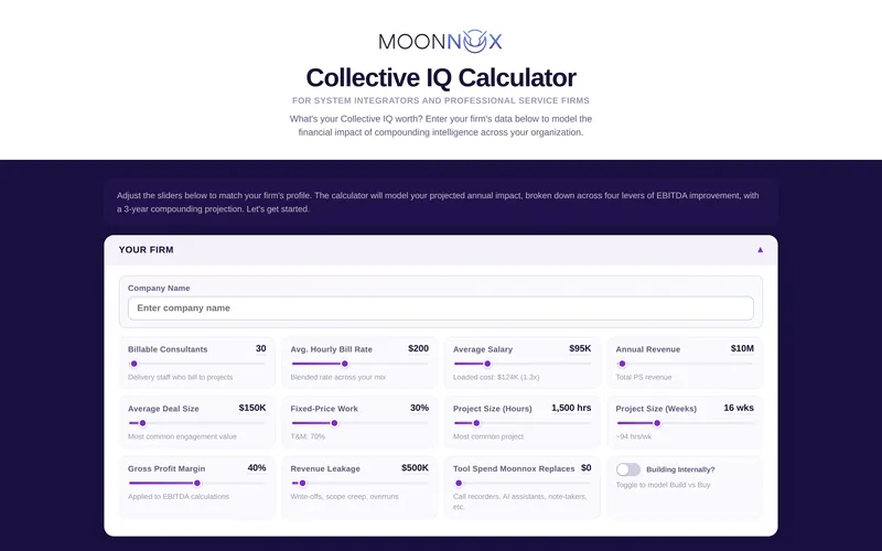 Moonnox Collective IQ Calculator input screen with sliders for firm size, rates and utilization