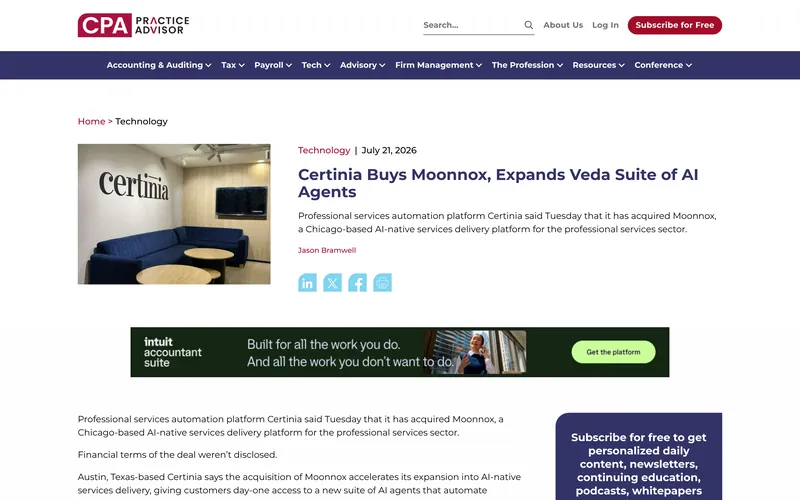 CPA Practice Advisor article: Certinia Buys Moonnox, Expands Veda Suite of AI Agents, July 21, 2026