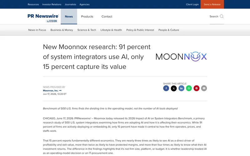 PR Newswire release: New Moonnox research, 91 percent of system integrators use AI, only 15 percent capture its value