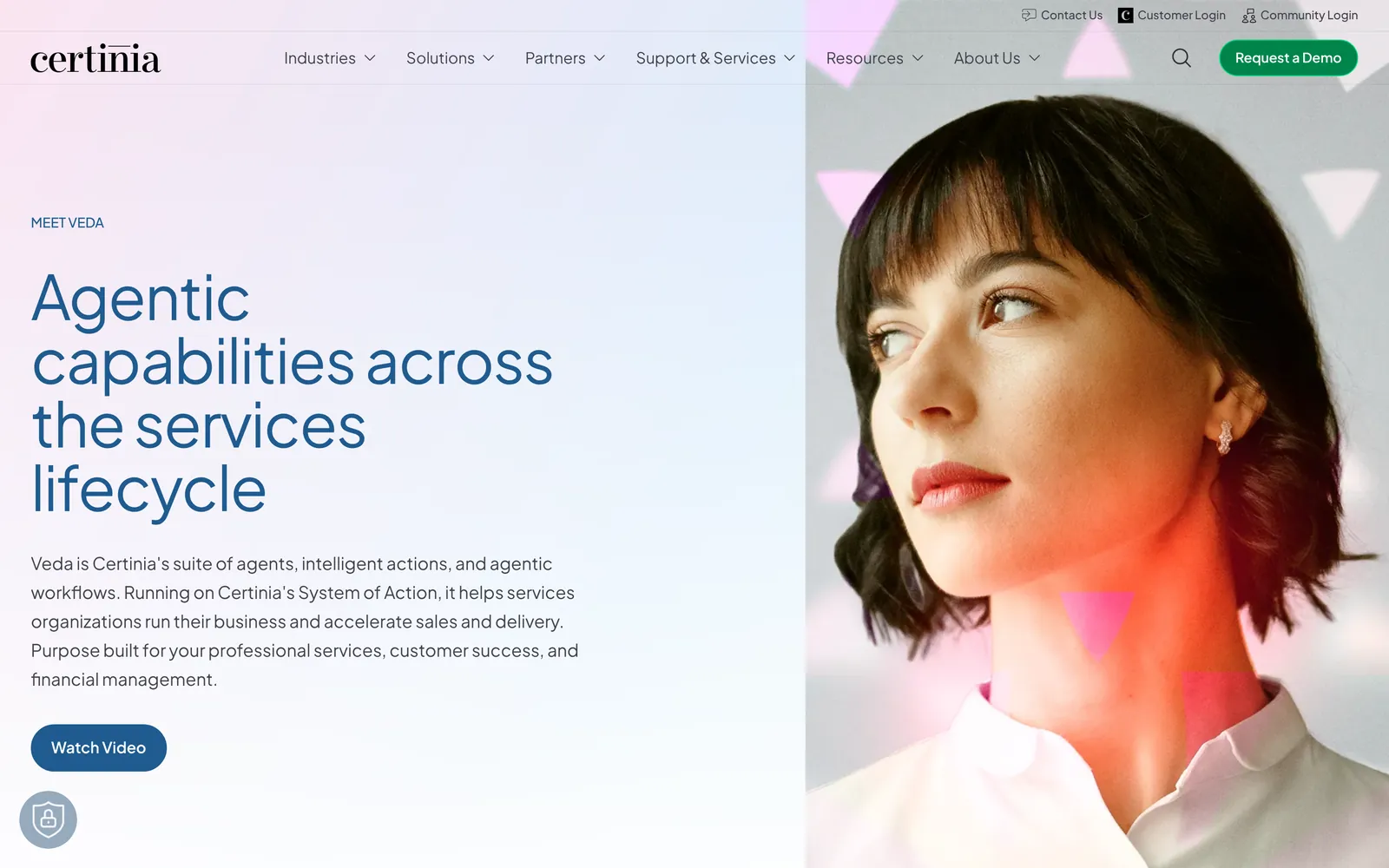 Certinia Veda AI page, where moonnox.com now leads, headlined Agentic capabilities across the services lifecycle