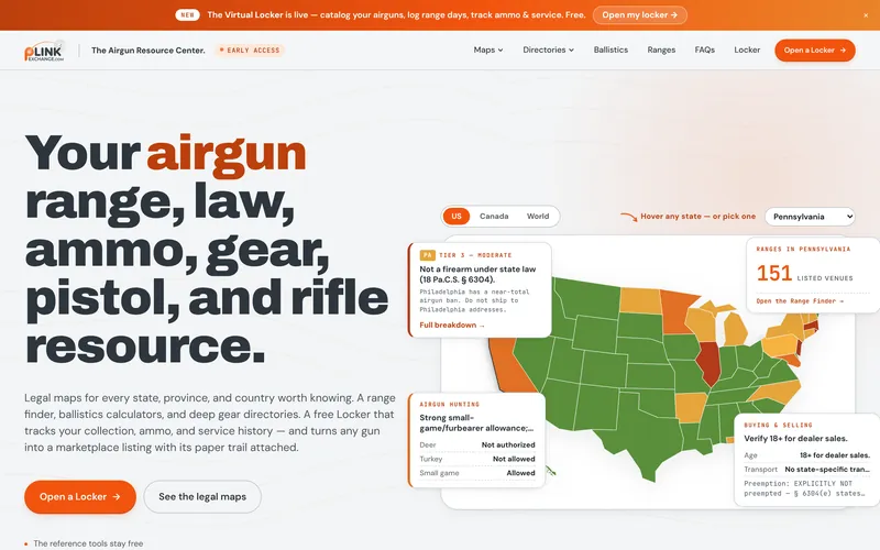 PlinkExchange homepage: Your airgun range, law, ammo, gear, pistol and rifle resource, with a state legal map