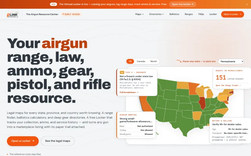 The plinkexchange.com homepage: Your airgun range, law, ammo, gear, pistol, and rifle resource, beside a color-coded U.S. law map