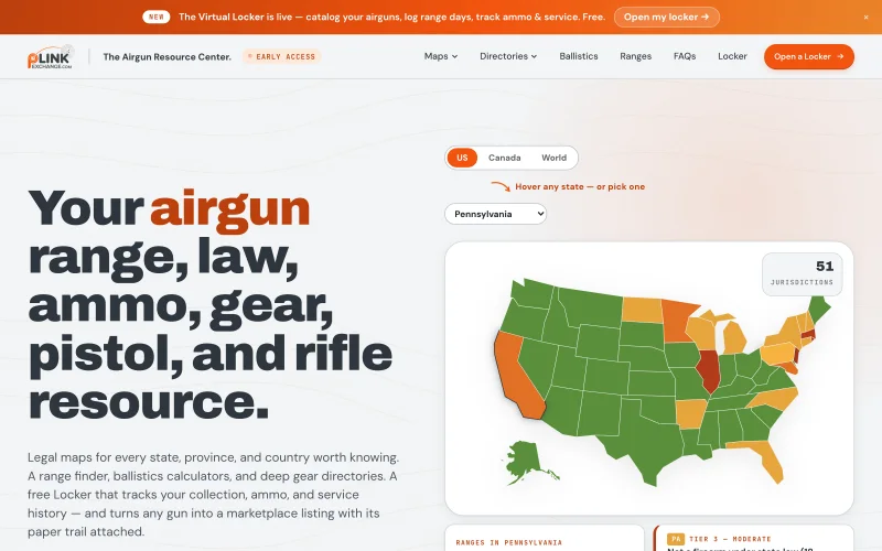 PlinkExchange homepage: Your airgun range, law, ammo, gear, pistol, and rifle resource, beside a color-coded U.S. law map