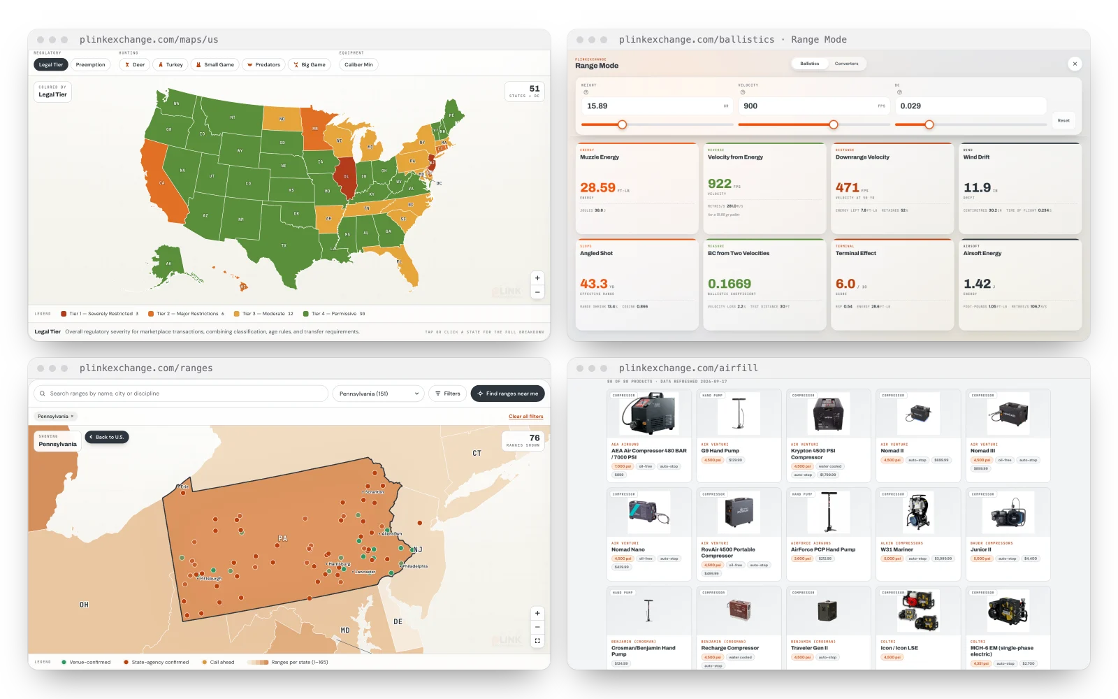 Four PlinkExchange tools in browser windows: the U.S. airgun law map with each state colored by legal tier, Range Mode with weight, velocity and BC sliders above eight calculator readouts, the Range Finder zoomed to Pennsylvania with a dot for each range, and the compressor and hand pump directory with product photos, pressures and prices