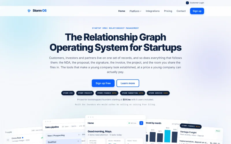 The storm-os.app homepage: The Relationship Graph Operating System for Startups