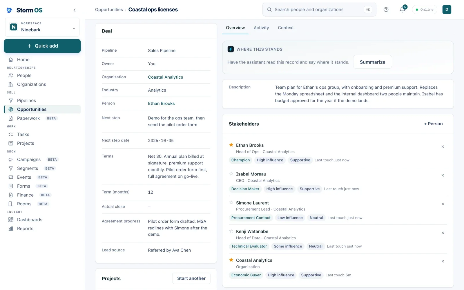 Storm OS deal record with its terms, next step and stakeholders