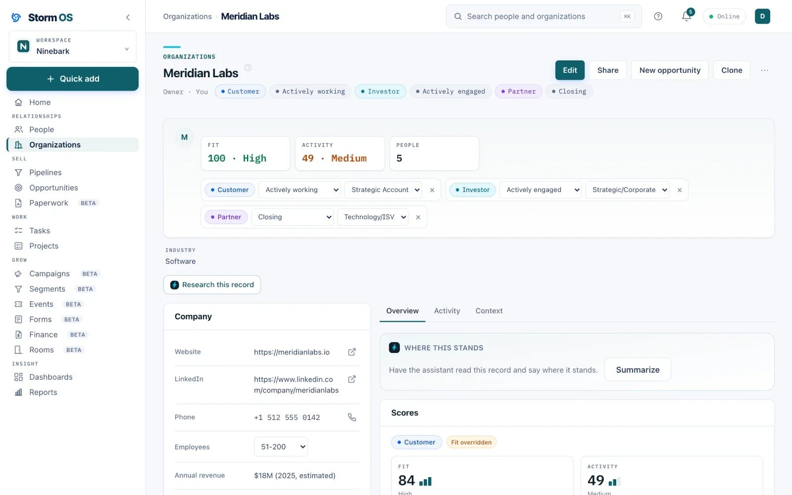 Storm OS organization record for Meridian Labs, marked as a customer, an investor and a partner, each with its own stage