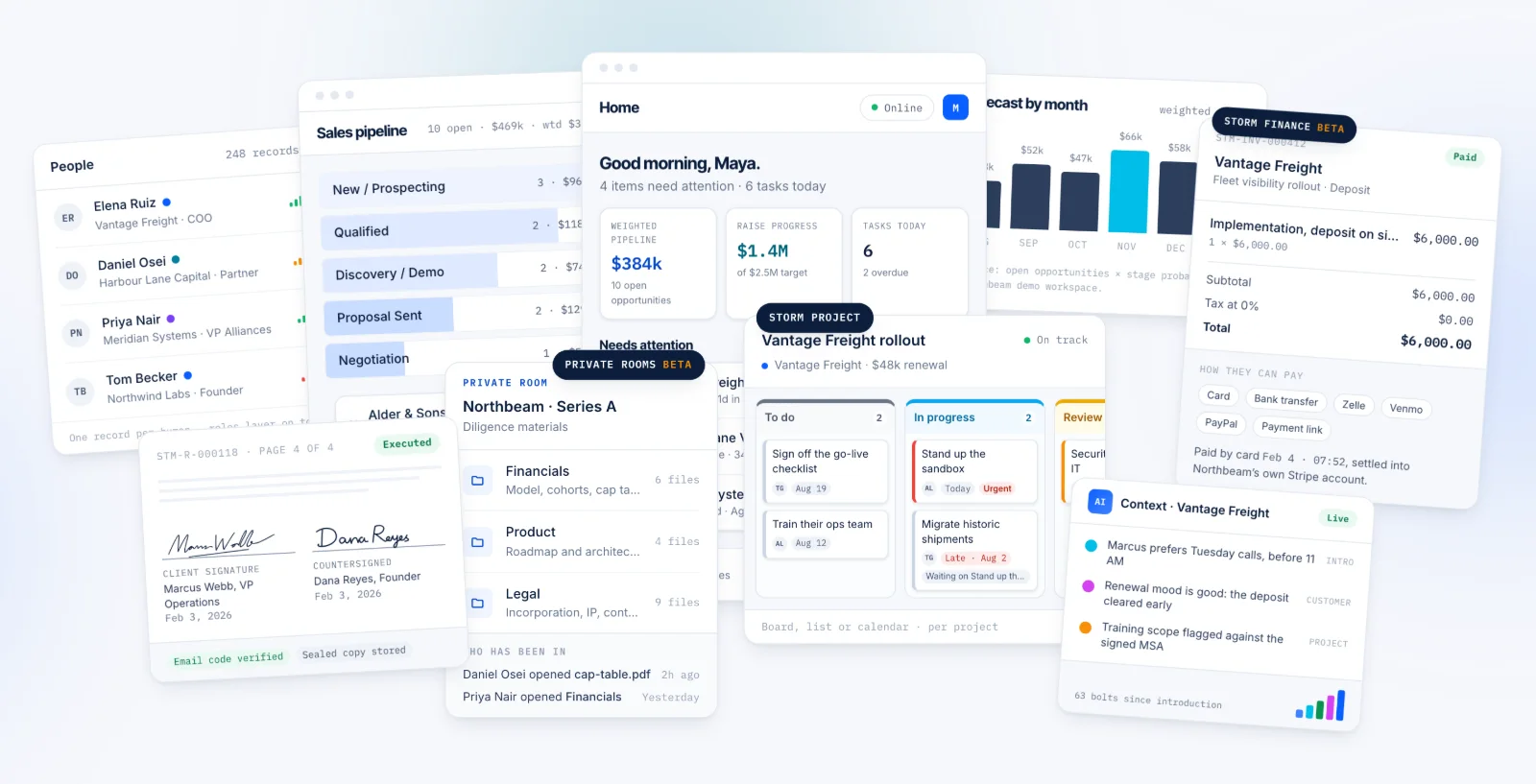 The Storm OS product view from the storm-os.app homepage: a People list, the sales pipeline by stage, a Home screen with weighted pipeline, raise progress and tasks, a countersigned contract, a private room for a Series A showing who opened which folder, a client rollout project board, a paid invoice with its payment options and a Context card for the same client
