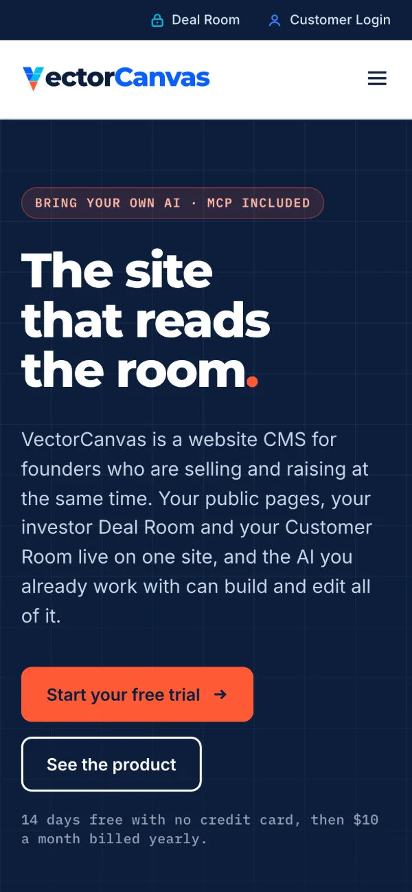 The vectorcanvas.app homepage on a phone
