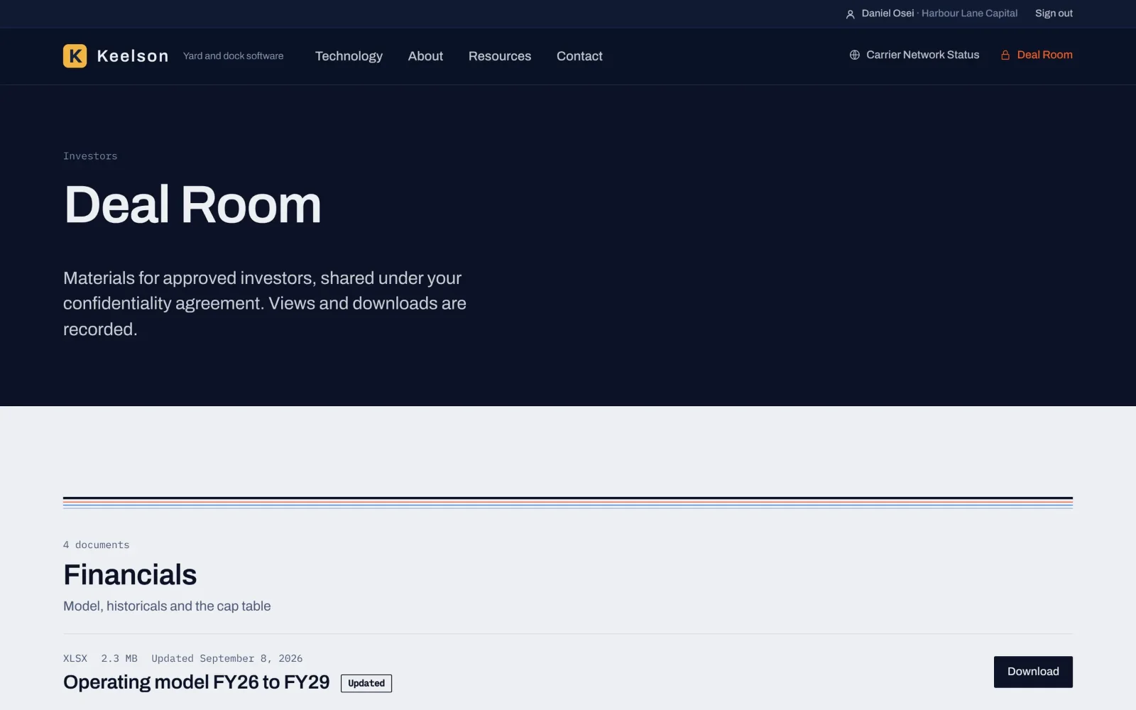 VectorCanvas Deal Room as an approved investor sees it, with a Financials folder and a downloadable operating model