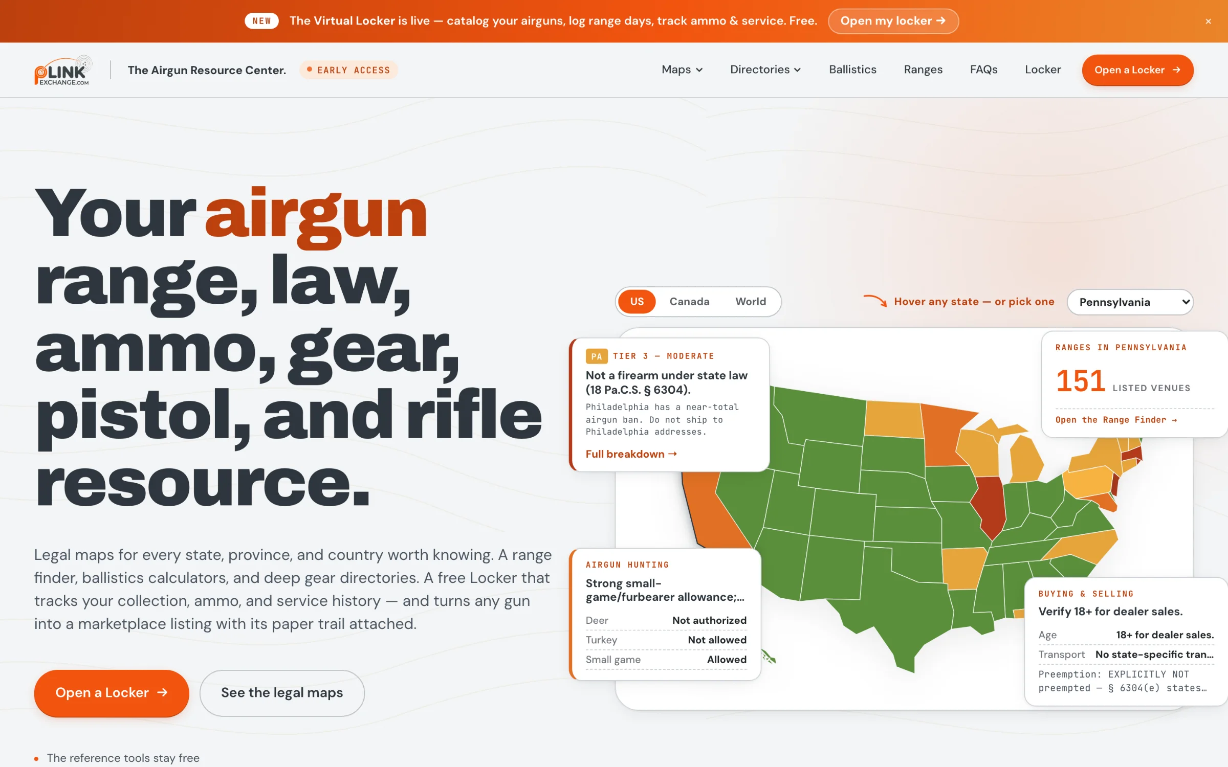 The plinkexchange.com homepage: Your airgun range, law, ammo, gear, pistol, and rifle resource, beside a color-coded U.S. law map
