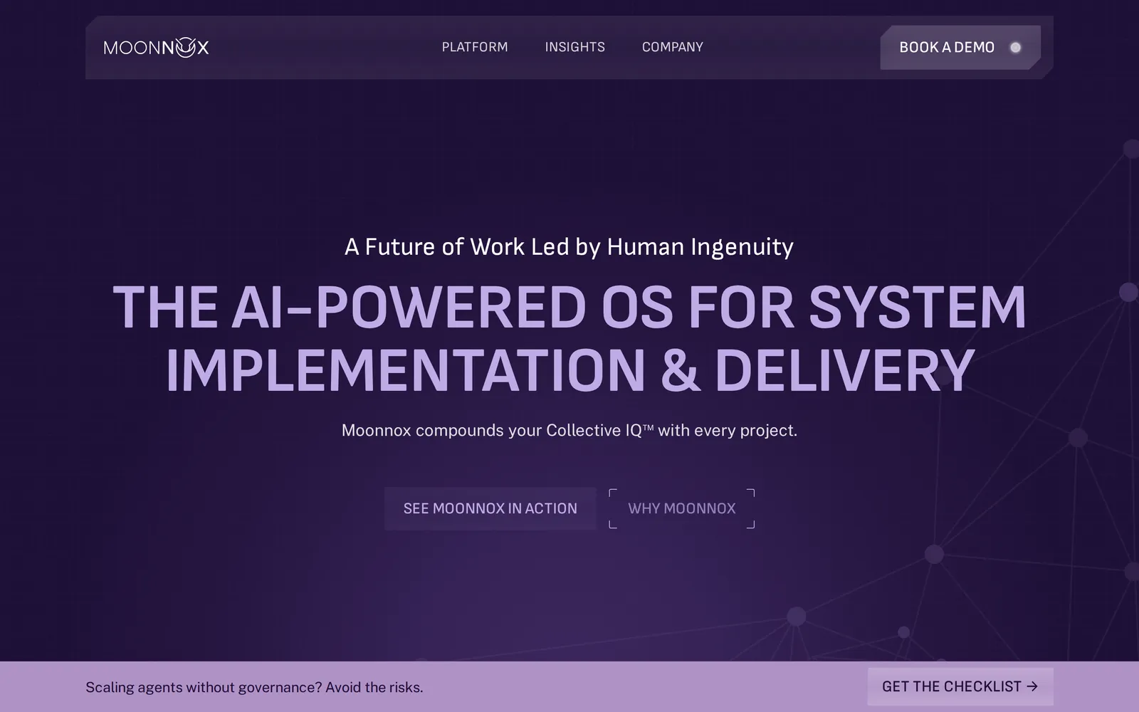 Moonnox homepage headlined The AI-powered OS for system implementation and delivery on a deep purple background