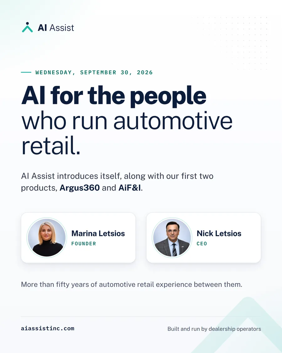 Launch graphic: AI for the people who run automotive retail, introducing founders Marina and Nick Letsios